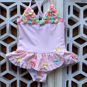 Little Me Pastel Pink Striped Ruffle One-Piece Swimsuit with Floral Appliqués